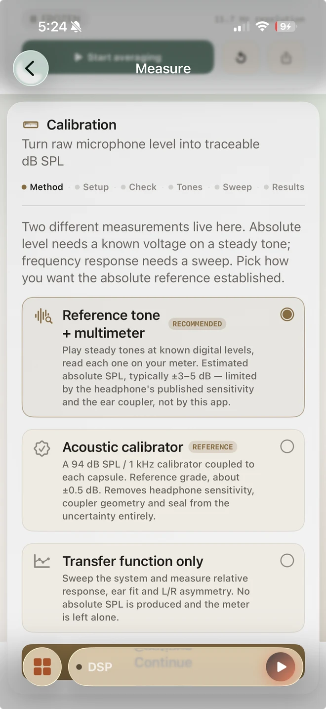Biquadia calibration wizard method step: three method cards — Reference tone + multimeter marked Recommended, Acoustic calibrator marked Reference, and Transfer function only