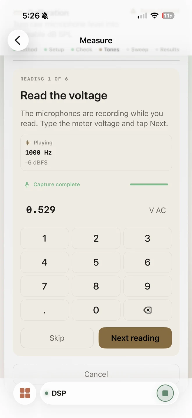 Biquadia calibration wizard voltage-entry step showing the first of six 1000 Hz tone readings at minus 6 dBFS, completed microphone capture, 0.529 volts AC entered, and the numeric keypad