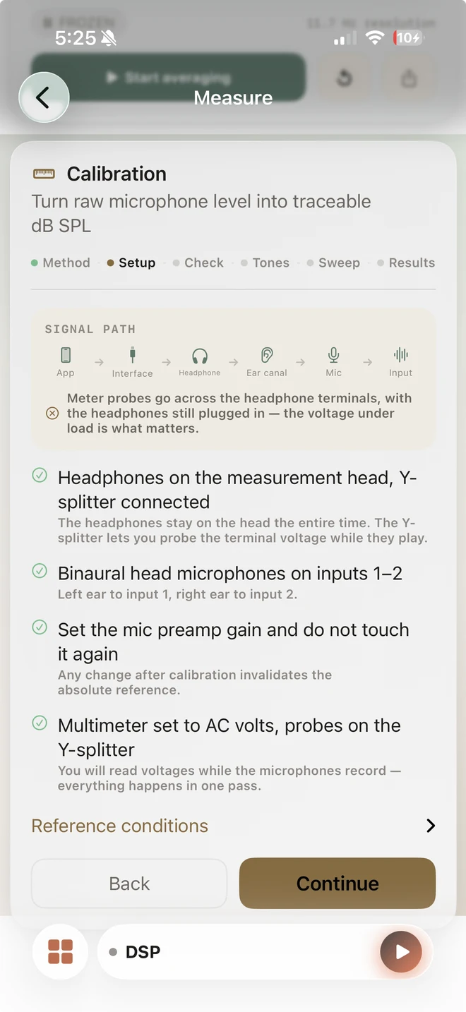 Biquadia calibration wizard setup step showing the complete signal path and checks for loaded headphones, binaural inputs, fixed preamp gain, and AC-voltage probes on the Y-splitter