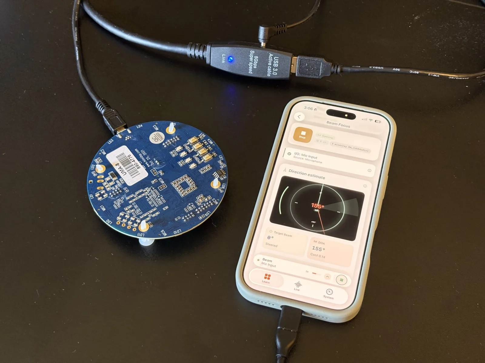 The full hardware chain laid out: iPhone connected to a powered USB-C hub, which connects to the miniDSP UMA-8 microphone array