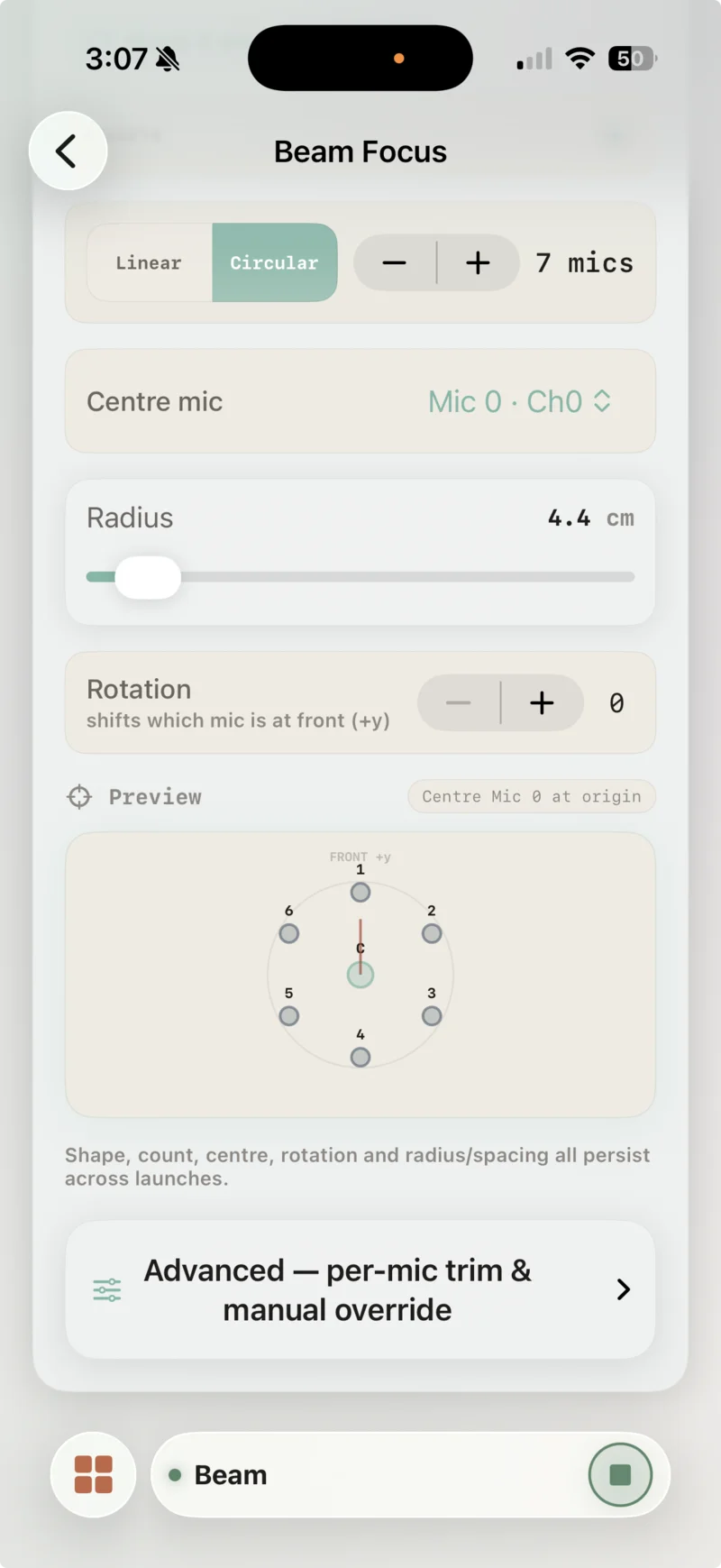 Biquadia array geometry card: 7 microphones in circular arrangement, 4.4 cm radius, centre mic at origin, detected inputs 8 channels