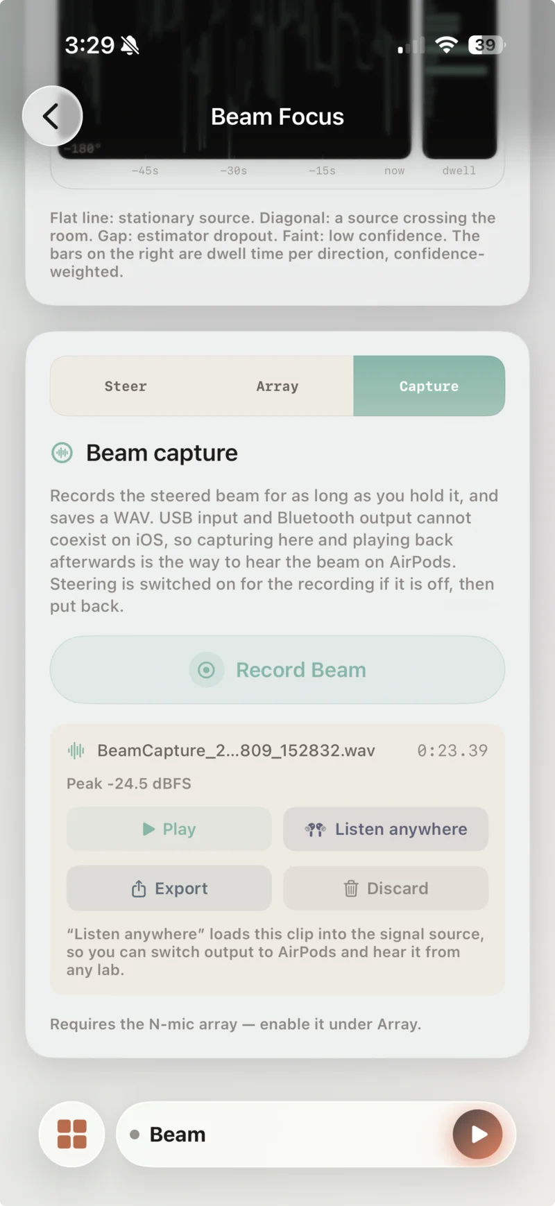 Biquadia beam capture tab after recording: WAV filename, take duration, peak level in dBFS