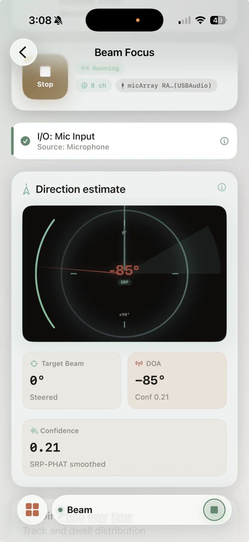 Biquadia Beam Focus direction estimate compass with the red DOA needle locked on a live talker