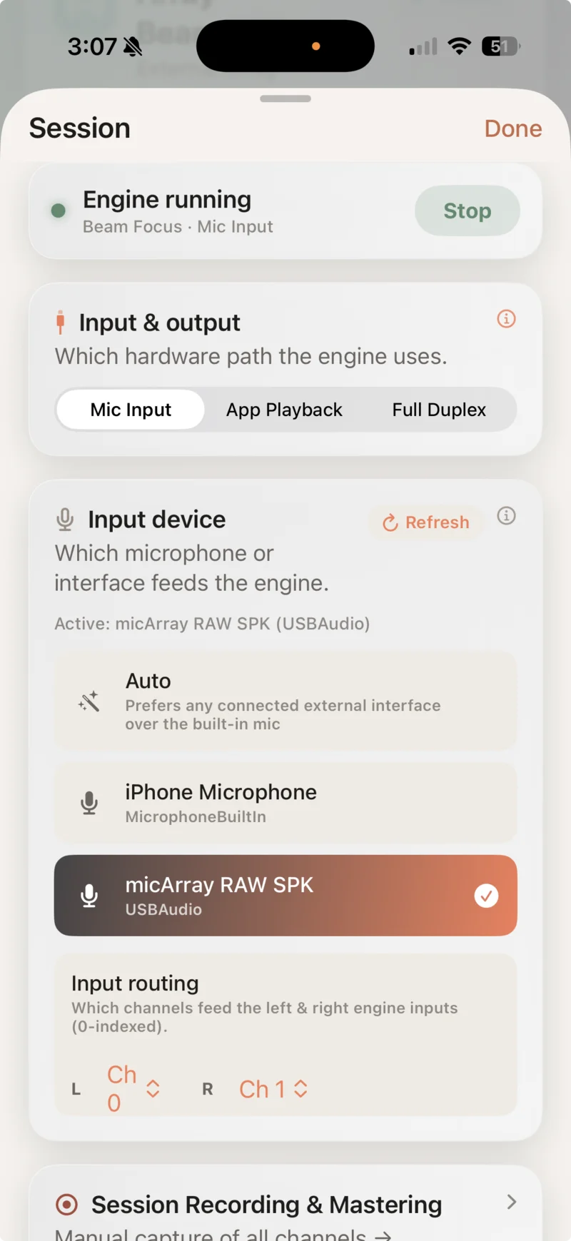 Biquadia Session sheet showing the miniDSP UMA-8 selected as input device, enumerated as micArray RAW SPK with 8 channels at 48 kHz