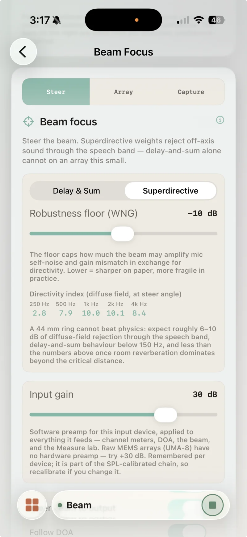 Biquadia Steer tab: beam algorithm set to Superdirective