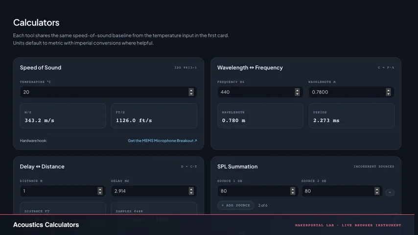 Acoustics Calculators — live MakerPortal instrument screenshot