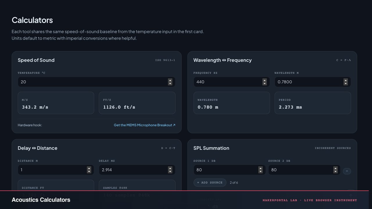Acoustics Calculators — live MakerPortal instrument screenshot