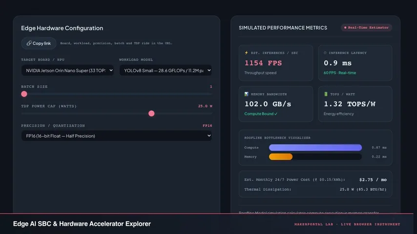 Edge AI SBC & Hardware Accelerator Explorer — live MakerPortal instrument screenshot