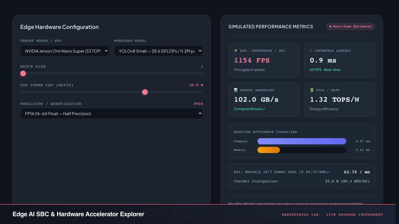 Edge AI SBC & Hardware Accelerator Explorer — live MakerPortal instrument screenshot