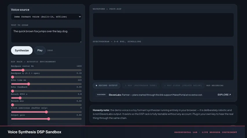 Voice Synthesis DSP Sandbox — live MakerPortal instrument screenshot