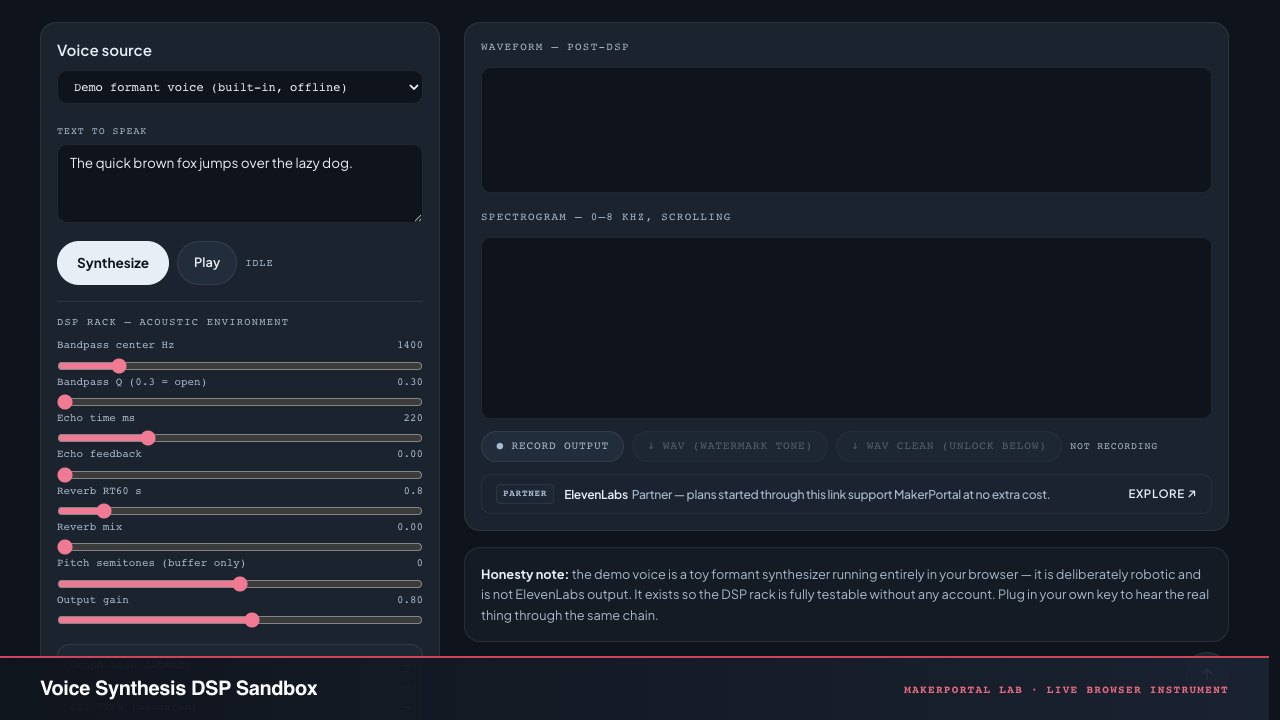 Voice Synthesis DSP Sandbox — live MakerPortal instrument screenshot