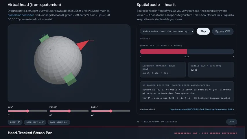 Head-Tracked Stereo Pan — live MakerPortal instrument screenshot