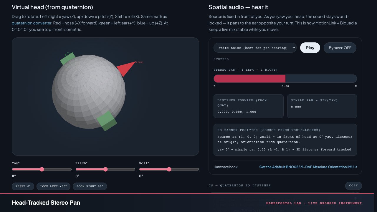 Head-Tracked Stereo Pan — live MakerPortal instrument screenshot