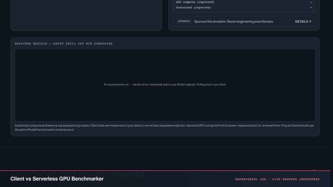 Client vs Serverless GPU Benchmarker — live MakerPortal instrument screenshot