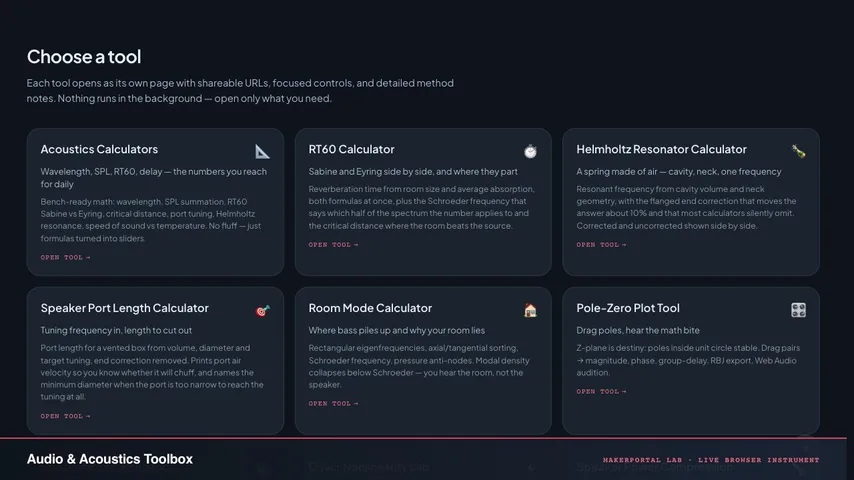 Audio & Acoustics Toolbox — live MakerPortal instrument screenshot