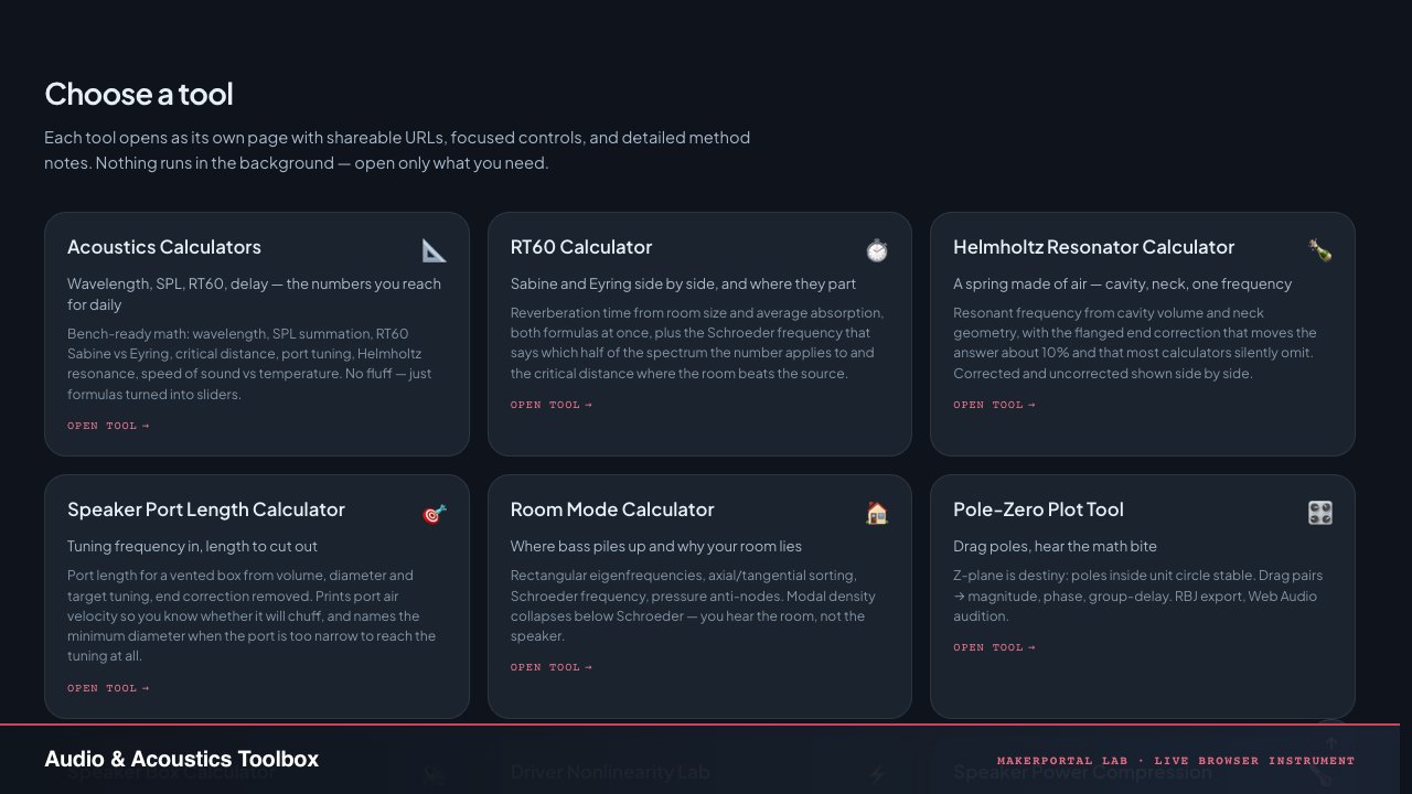 Audio & Acoustics Toolbox — live MakerPortal instrument screenshot