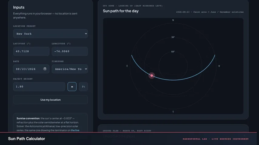 Sun Path & Shadow Calculator — live MakerPortal instrument screenshot