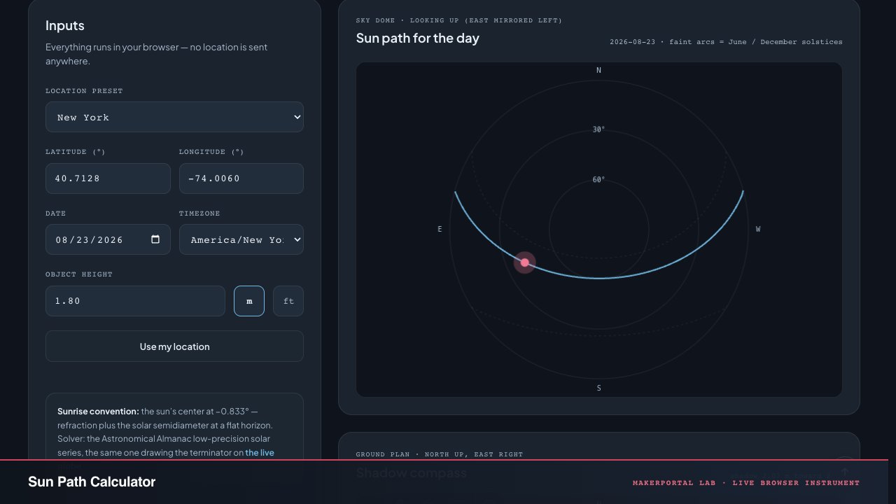 Sun Path & Shadow Calculator — live MakerPortal instrument screenshot