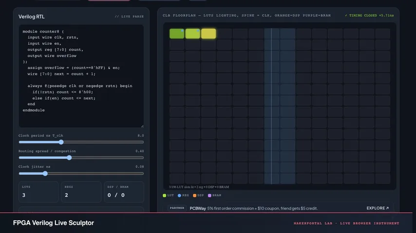 FPGA Verilog Live Sculptor — live MakerPortal instrument screenshot