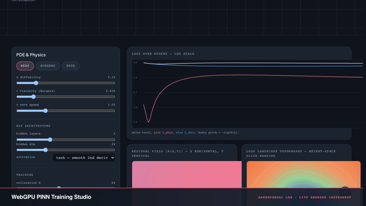 WebGPU PINN Training Studio — live MakerPortal instrument screenshot