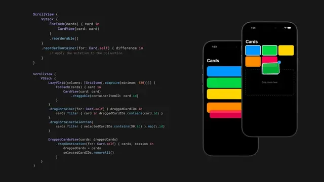 Reorder items within and between custom SwiftUI containers, and build selection-aware multi-item drag and drop interactions with the new APIs in iOS 27: nilcoalescing.com/blog/NewSwif...
#iOSDev #SwiftUI