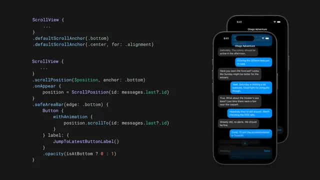 Master programmatic scroll control in SwiftUI using defaultScrollAnchor(_:), scrollPosition(_:anchor:), and ScrollPosition to configure, drive, and read scroll position in your apps: nilcoalescing.com/blog/ModernS...
#iO