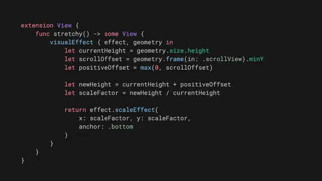 Build a stretchy image header in SwiftUI using the visualEffect() modifier, scaling the image on pull-down without tracking scroll offset or modifying its frame: nilcoalescing.com/blog/Stretch...
#iOSDev #SwiftUI
