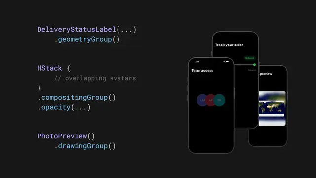 Learn how SwiftUI's similarly named geometryGroup(), compositingGroup() and drawingGroup() modifiers affect distinct stages of animation and rendering, and when each is appropriate: nilcoalescing.com/blog/Geometr...
#iOS