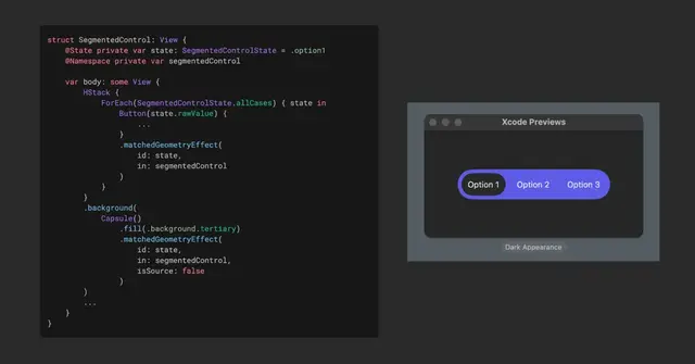 Learn how to use matchedGeometryEffect() in SwiftUI to animate a capsule background that highlights the selected option in a custom segmented control: nilcoalescing.com/blog/CustomS...
#iOSDev #macOSDev #SwiftUI