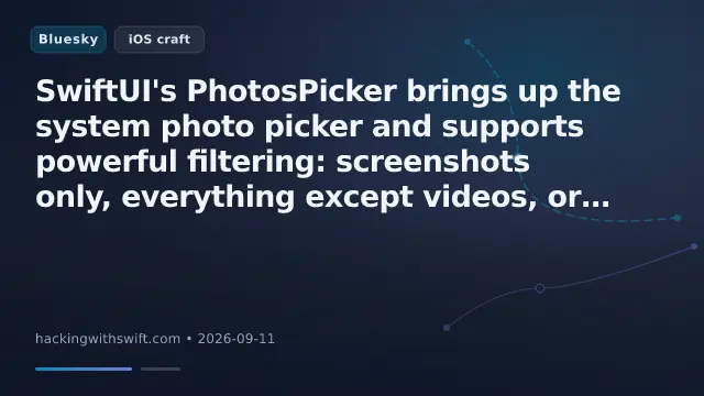 SwiftUI's PhotosPicker brings up the system photo picker and supports powerful filtering: screenshots only, everything except videos, or any combination you need. www.hackingwithswift.com/quick-start/...