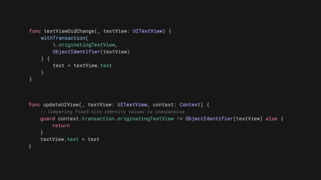 Use SwiftUI transaction values to identify updates made by wrapped UITextView and NSTextView editors, preventing the same values from being applied again when SwiftUI sends them back: nilcoalescing.com/blog/Trackin...
#i