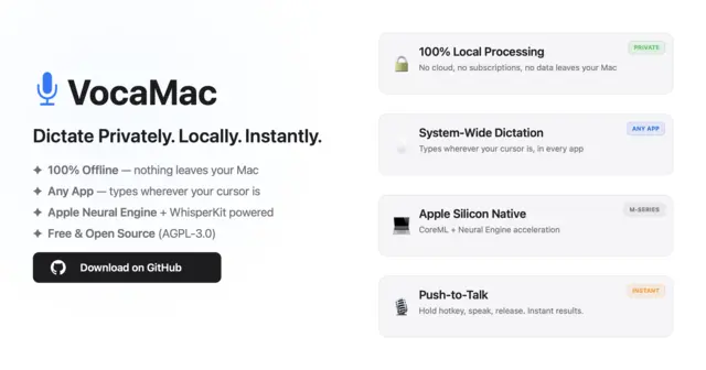 vocamac – Open-source, offline voice-to-text for macOS. Hold a hotkey, speak, text appears. Private on-device dictation with multi