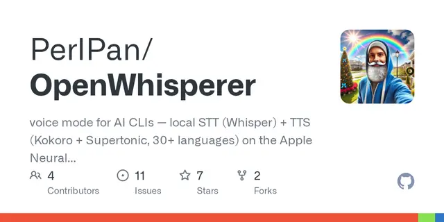 OpenWhisperer – voice mode for AI CLIs — local STT (Whisper) + TTS (Kokoro + Supertonic, 30+ languages) on the Apple Neural Engine, hand