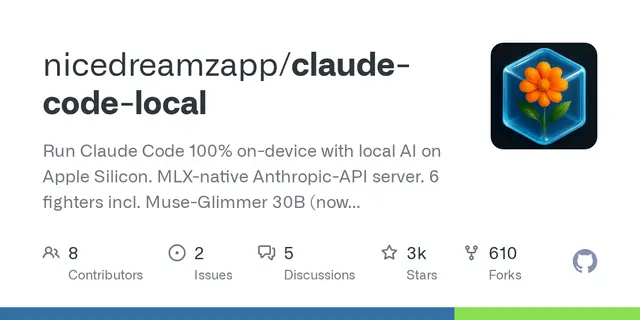 claude-code-local – Run Claude Code 100% on-device with local AI on Apple Silicon. MLX-native Anthropic-API server, 65 tok/s Qwen 3.5 122B, 