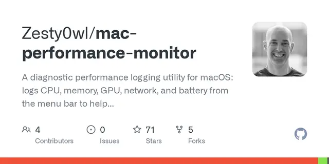 mac-performance-monitor – A diagnostic performance logging utility for macOS: logs CPU, memory, GPU, network, and battery from the menu bar to hel