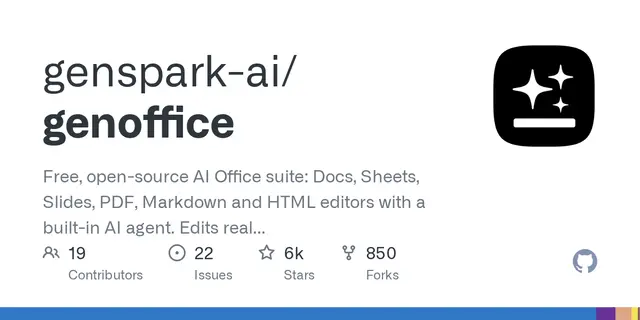 genoffice – Free, open-source AI Office suite: Docs, Sheets, Slides, PDF, Markdown and HTML editors with a built-in AI agent. Edits 