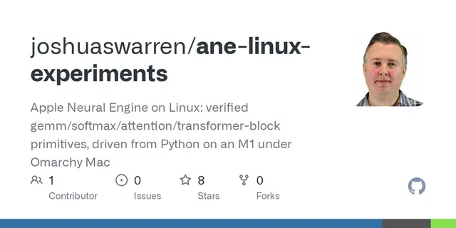 ane-linux-experiments – Apple Neural Engine on Linux: verified gemm/softmax/attention/transformer-block primitives, driven from Python on an M1