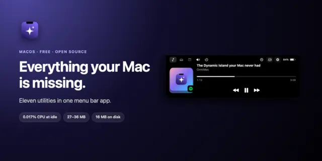 OmniMac – Eleven Mac utilities in one menu bar app: a Dynamic Island for any Mac (notch or not), per-app volume & EQ, window short