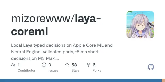 laya-coreml – Local Laya typed decisions on Apple Core ML and Neural Engine. Validated ports, ~5 ms short decisions on M3 Max, reprodu