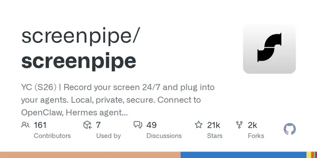 screenpipe – YC (S26) | Record your screen 24/7 and plug into your agents. Local, private, secure. Connect to OpenClaw, Hermes agent 