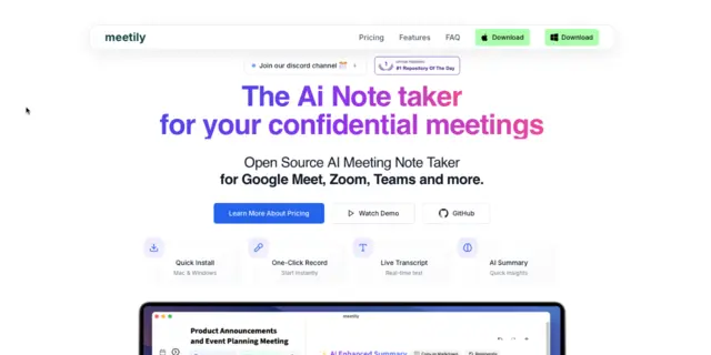 meetily – Privacy first, AI meeting assistant with 4x faster Parakeet/Whisper live transcription, speaker diarization, and Ollama 