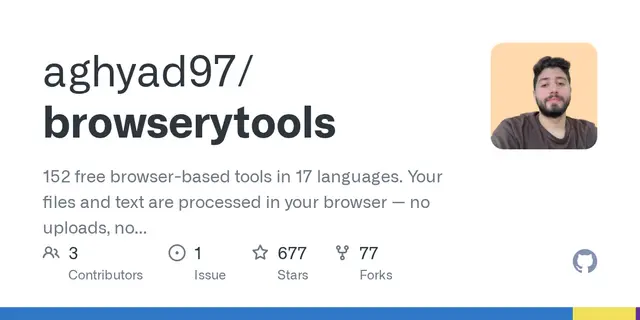 browserytools – 152 free browser-based tools in 17 languages. Your files and text are processed in your browser — no uploads, no account