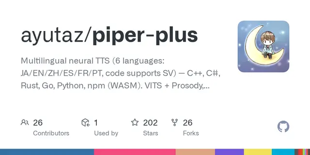 piper-plus – Multilingual neural TTS (6 languages: JA/EN/ZH/ES/FR/PT, code supports SV) — C++, C#, Rust, Go, Python, npm (WASM). VITS