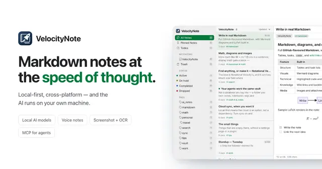 VelocityNote – A tiny Markdown notebook with local AI