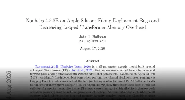 HF Paper: Nanbeige4.2-3B on Apple Silicon: Fixing Deployment Bugs and Decreasing Looped Transformer Memory Overhead