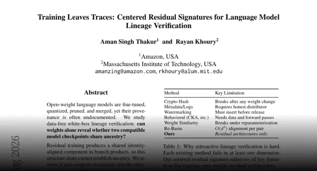 HF Paper: Training Leaves Traces: Centered Residual Signatures for Language Model Lineage Verification