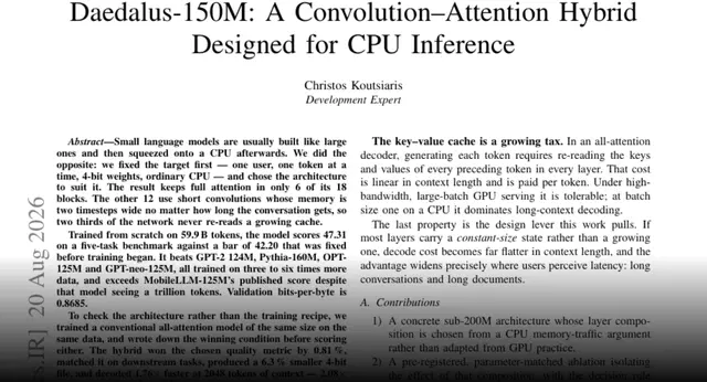 HF Paper: Daedalus-150M: A Convolution-Attention Hybrid Designed for CPU Inference