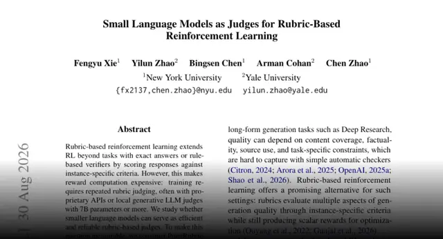 HF Paper: Small Language Models as Judges for Rubric-Based Reinforcement Learning